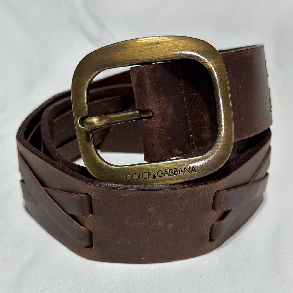 Vintage Dolce & Gabbana Women’s Brown Leather Woven Italy Wide Belt Size S 35”